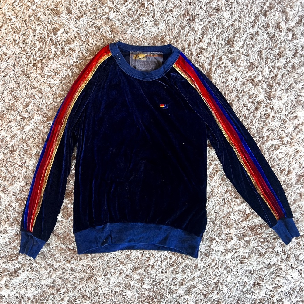 Aviator Nation Velour Crewneck Sweatshirt In Navy XS